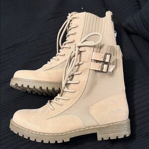 Beige Lace-Up Combat Boots with Buckle Accents